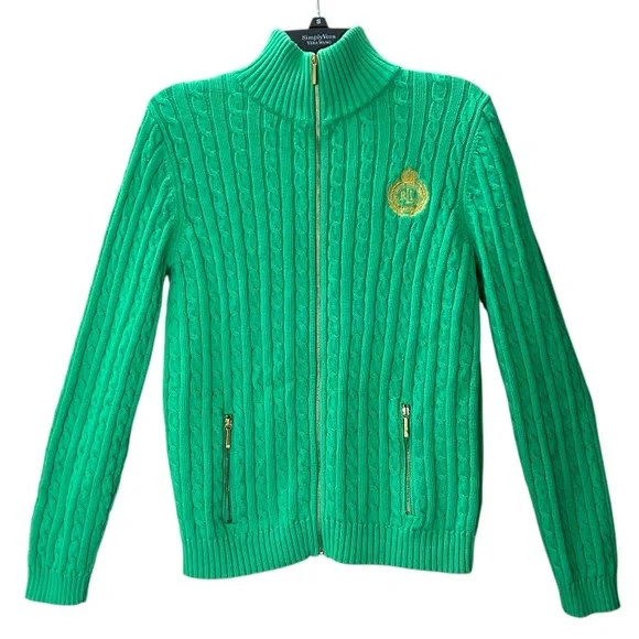 Lauren Ralph Lauren Emerald Green Cable Knit Sweater Jacket Gold Zip Size L - Picture 4 of 11